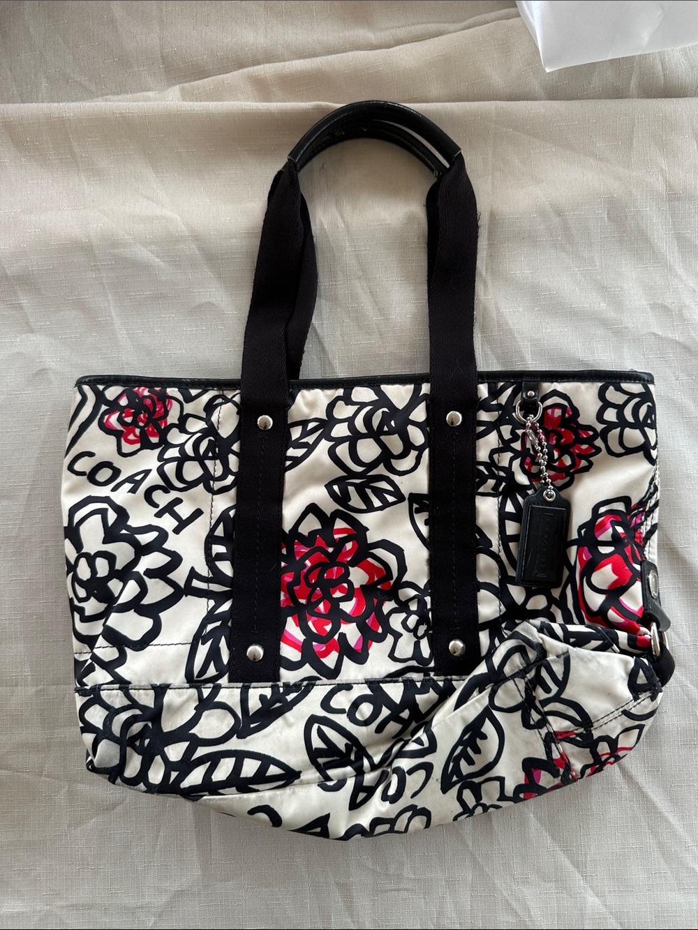 Coach Black, White & Red Floral Canvas Tote